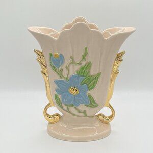 Vintage Hull Pottery Vase USA Art Baby Pink Gold Handles Blue Floral Mid Century